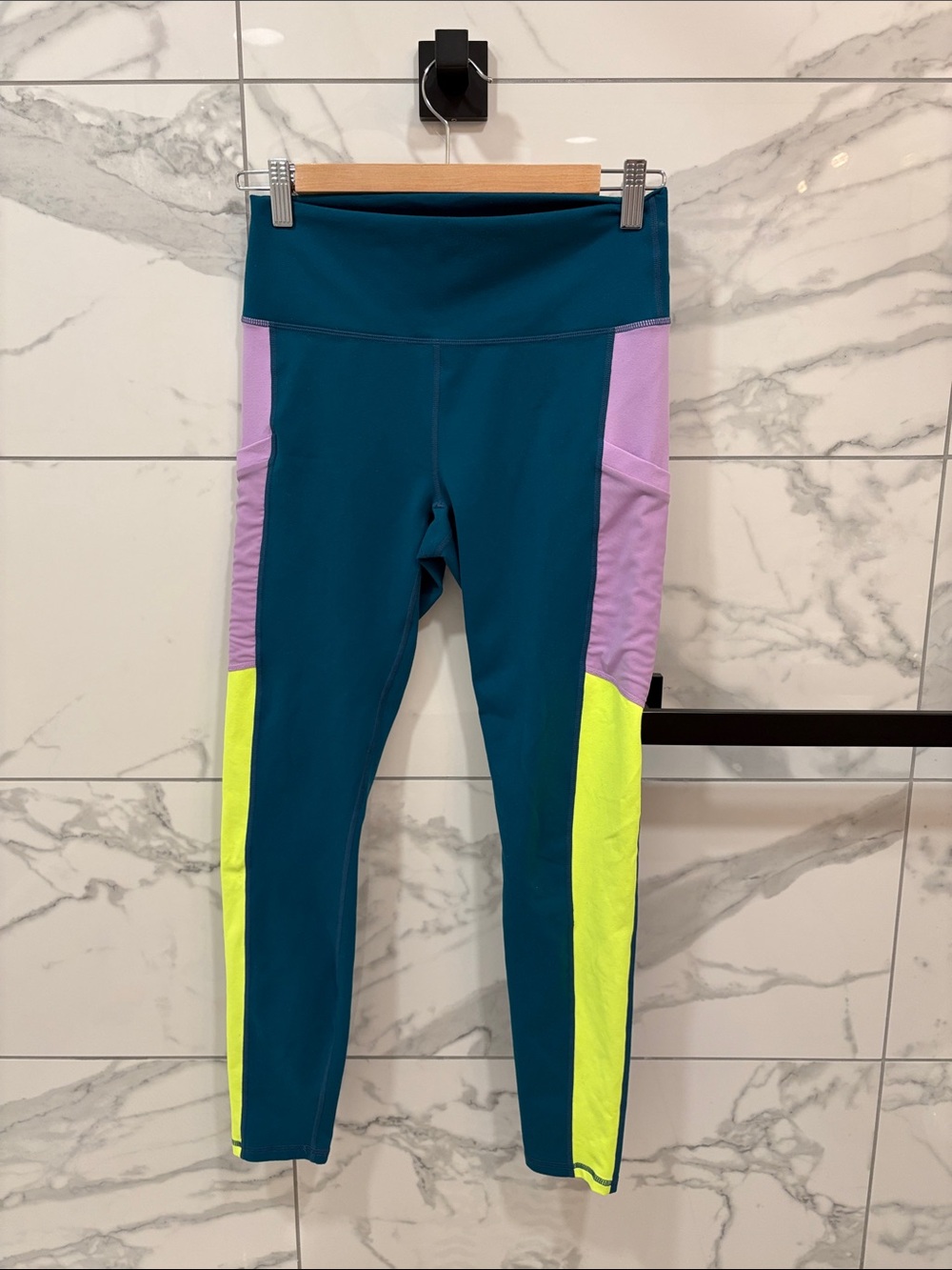Colorblock Active Leggings - Teal, Lavender & Neon Yellow Size M